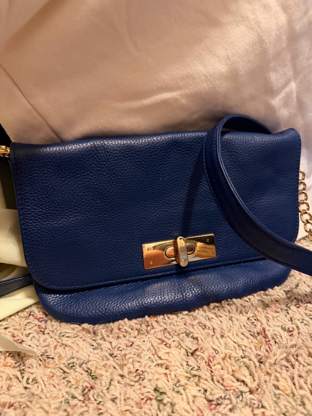 Onna Ehrlich Navy Pebbled Leather Crossbody Bag with Gold Turn-Lock
